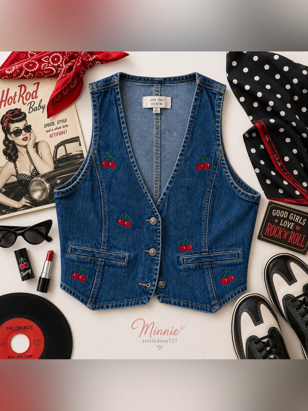 Love Tree Cherry Embroidered Denim Vest Medium Blue Y2K Rockabilly